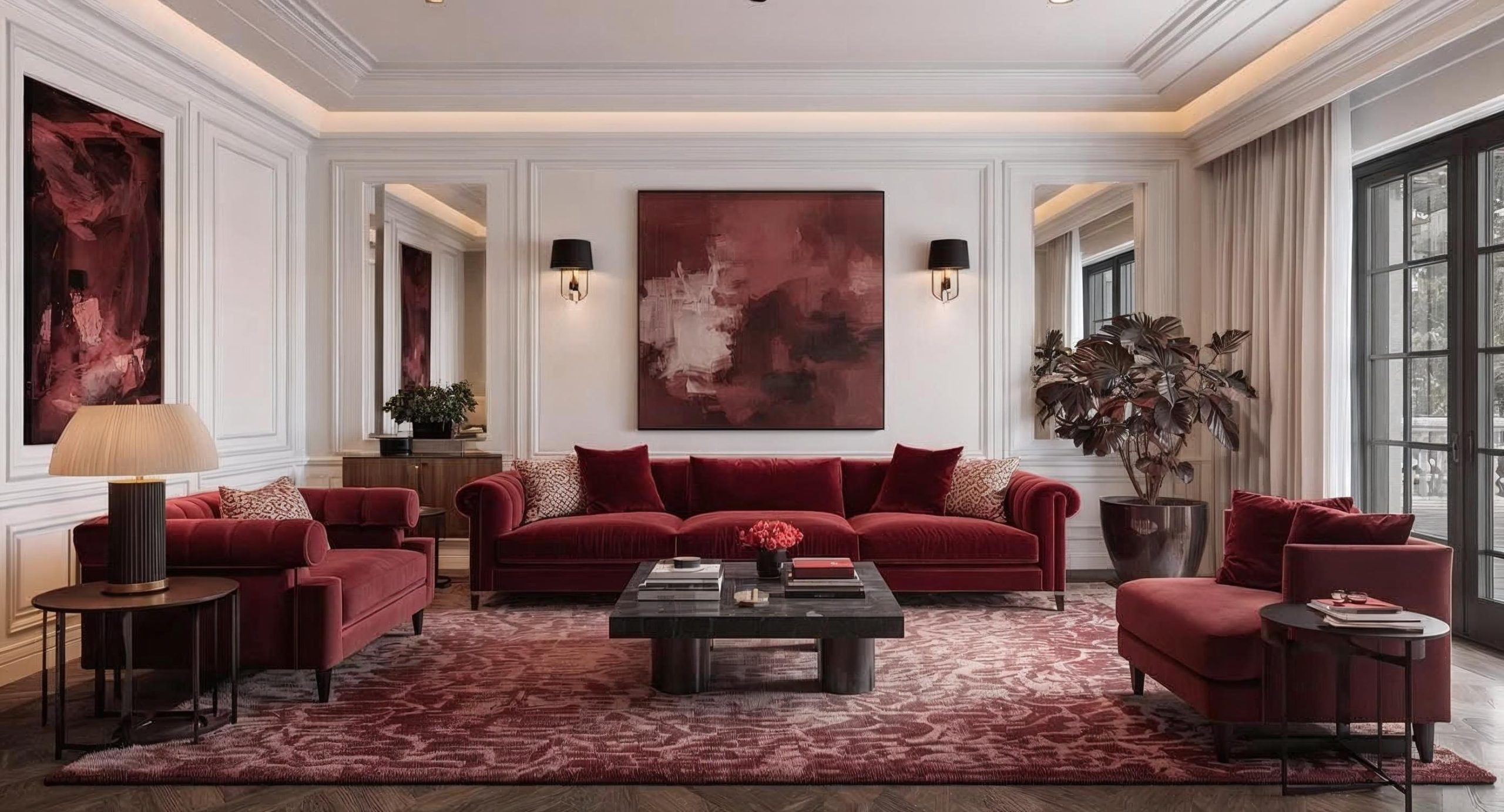 Interior design trends for 2026 featuring moody red tones, curved furniture, layered lighting, and a refined living room setting