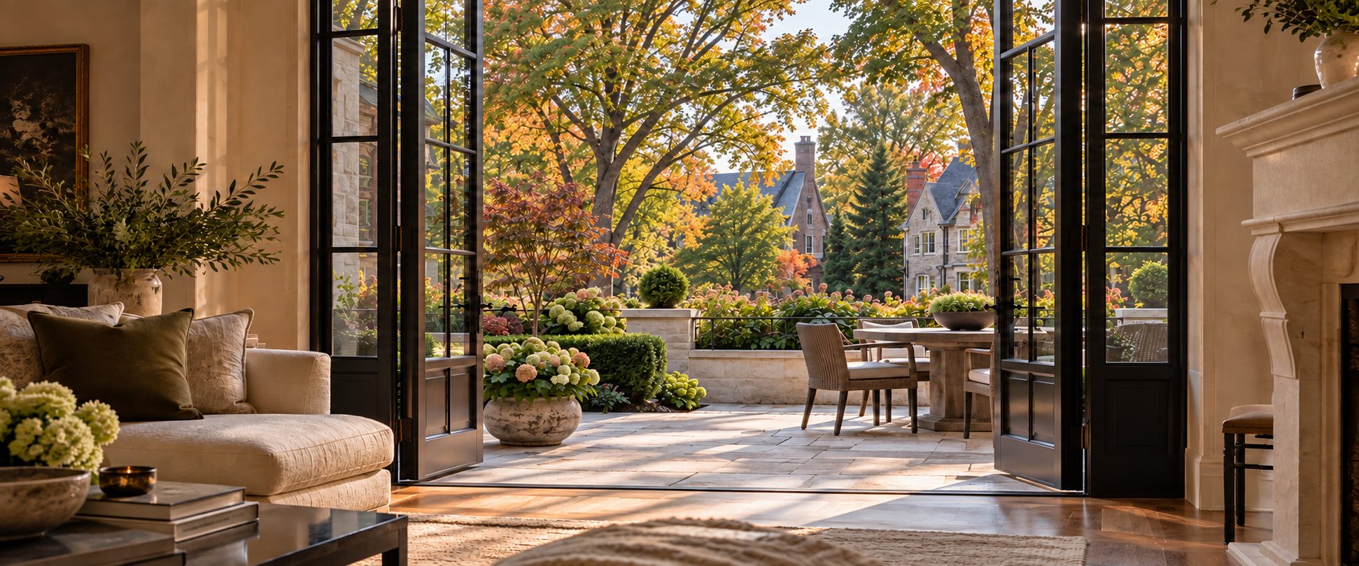Elegant living room opening onto a terrace with late-season hydrangeas and trees beginning to change color